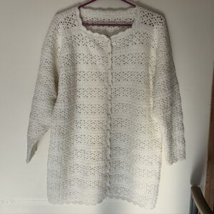 Vintage Crochet Longline Cardigan Pearl Button Coquette White L/XL